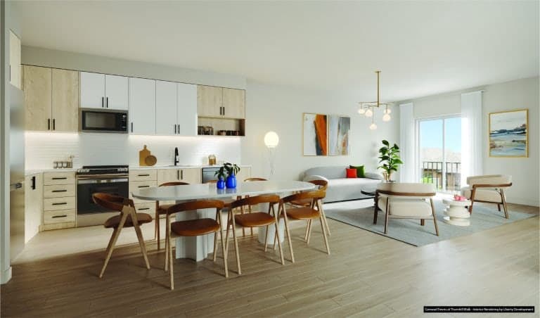 Artist’s rendering of an open kitchen, dining and living area