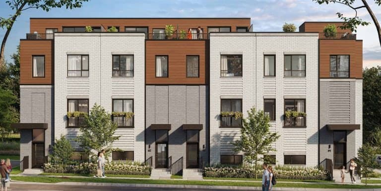 Artist’s rendering of Carousel Towns: Street-facing Carousel townhome exteriors